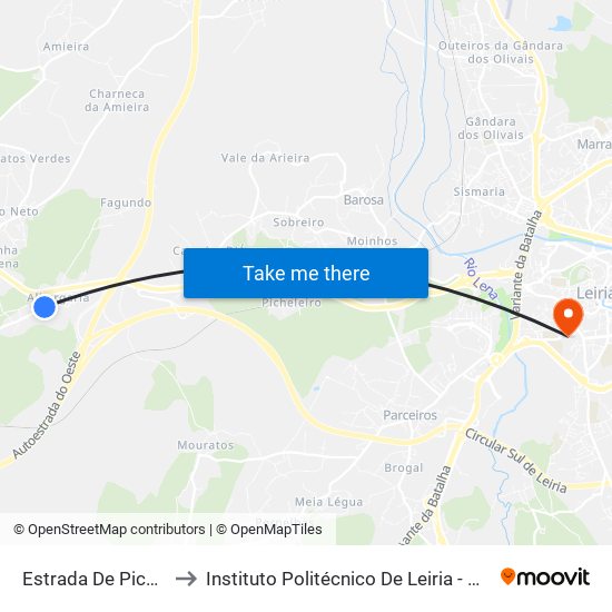 Estrada De Picassinos 2 to Instituto Politécnico De Leiria - Campus 1 Esecs map