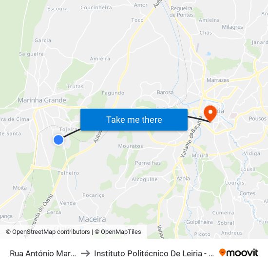 Rua António Maria Da Silva to Instituto Politécnico De Leiria - Campus 1 Esecs map