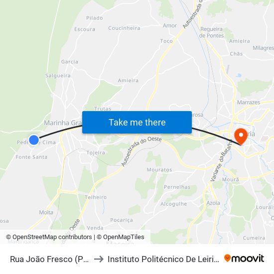 Rua João Fresco (Pedra De Baixo) to Instituto Politécnico De Leiria - Campus 1 Esecs map