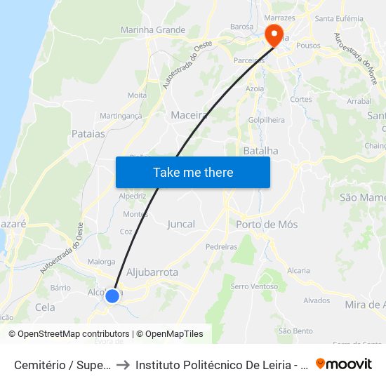 Cemitério / Supermercado to Instituto Politécnico De Leiria - Campus 1 Esecs map