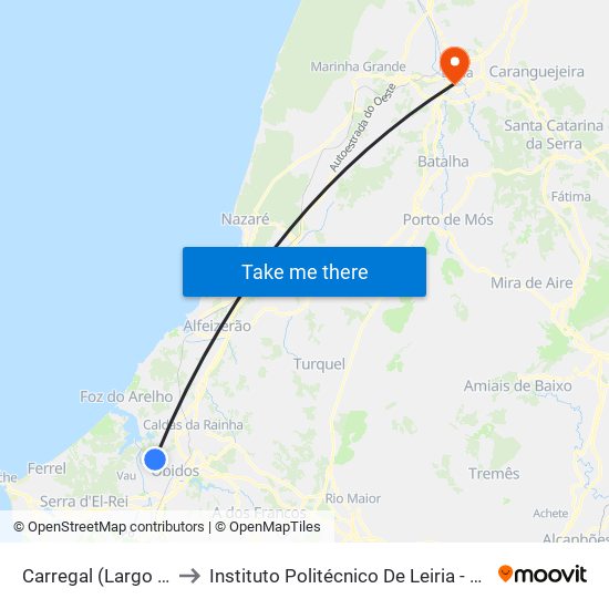 Carregal (Largo Do Jogo) to Instituto Politécnico De Leiria - Campus 1 Esecs map
