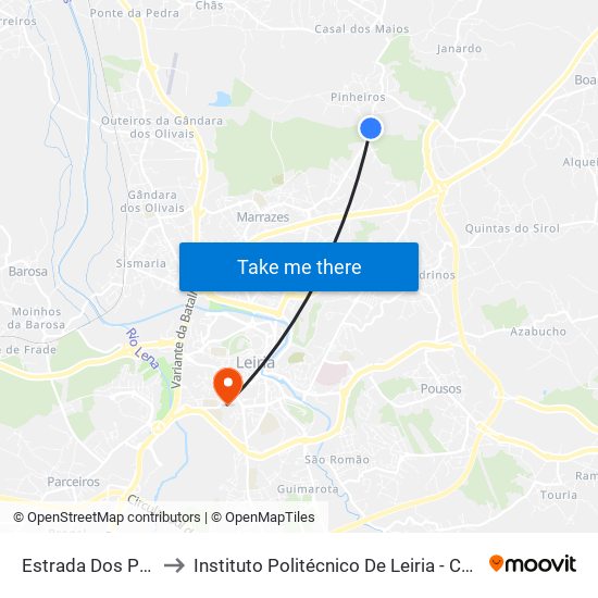 Estrada Dos Pinheiros to Instituto Politécnico De Leiria - Campus 1 Esecs map