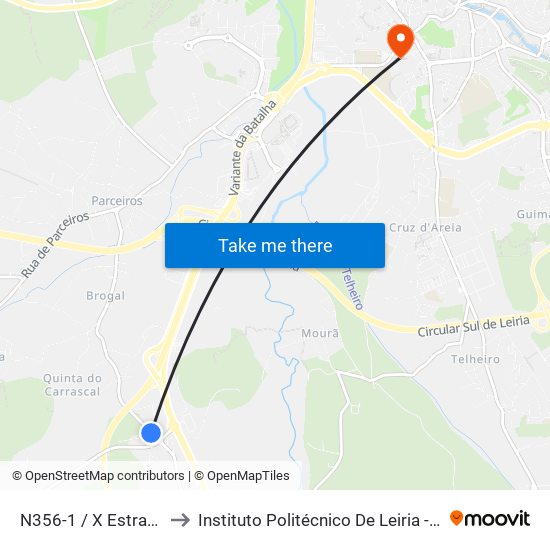 N356-1 / X Estrada Maceira to Instituto Politécnico De Leiria - Campus 1 Esecs map
