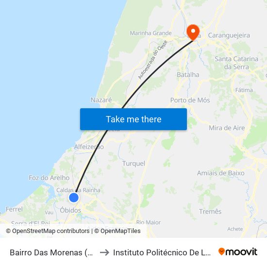 Bairro Das Morenas (Jardim De Infância) to Instituto Politécnico De Leiria - Campus 1 Esecs map