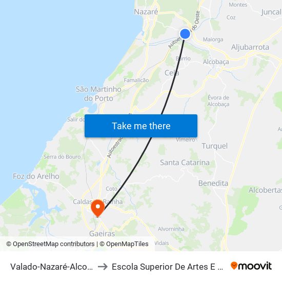 Valado-Nazaré-Alcobaça to Escola Superior De Artes E Design map