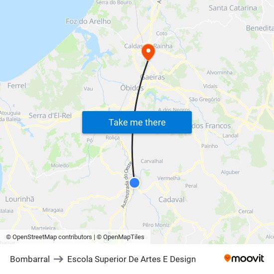 Bombarral to Escola Superior De Artes E Design map