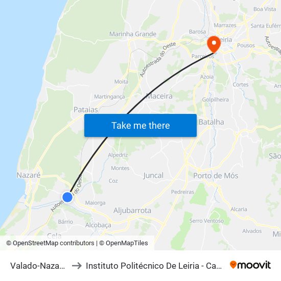 Valado-Nazaré-Alcobaça to Instituto Politécnico De Leiria - Campus 2 Estg / Esslei / Ued map