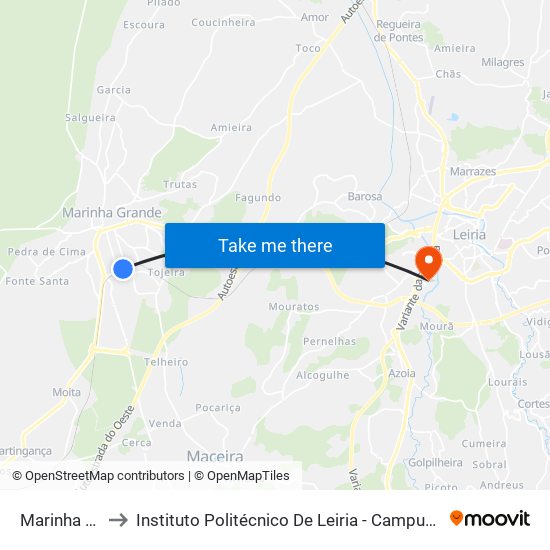Marinha Grande to Instituto Politécnico De Leiria - Campus 2 Estg / Esslei / Ued map