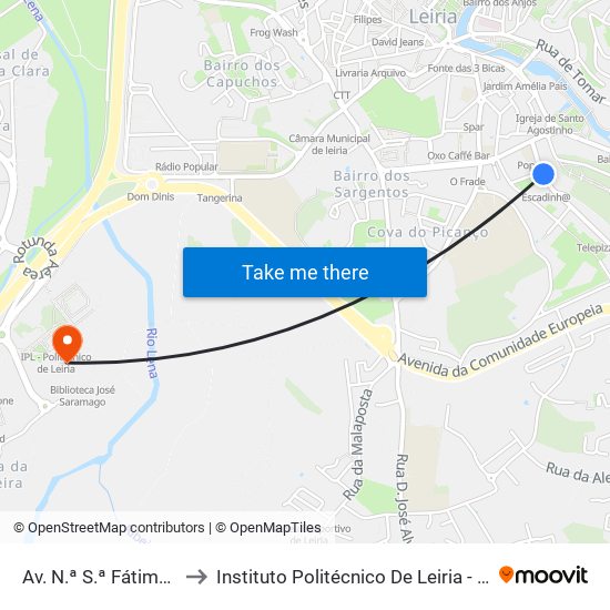 Av. N.ª S.ª Fátima/ S.ª Encarnação to Instituto Politécnico De Leiria - Campus 2 Estg / Esslei / Ued map
