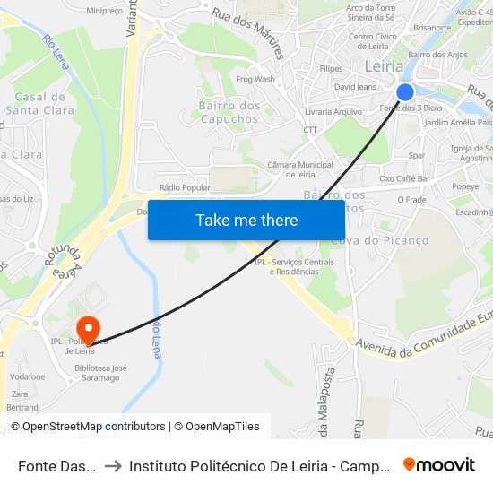 Fonte Das 3 Bicas to Instituto Politécnico De Leiria - Campus 2 Estg / Esslei / Ued map