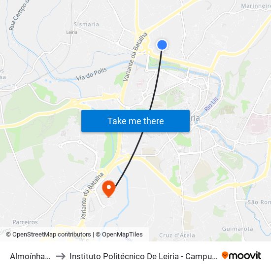 Almoínha Grande to Instituto Politécnico De Leiria - Campus 2 Estg / Esslei / Ued map