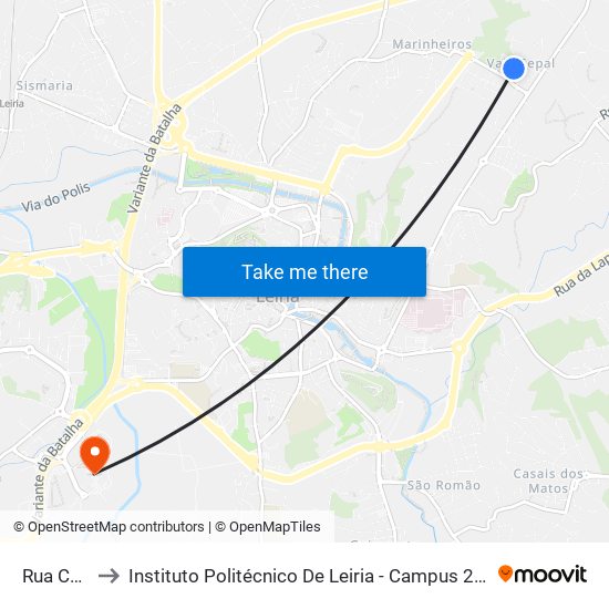 Rua Costas to Instituto Politécnico De Leiria - Campus 2 Estg / Esslei / Ued map