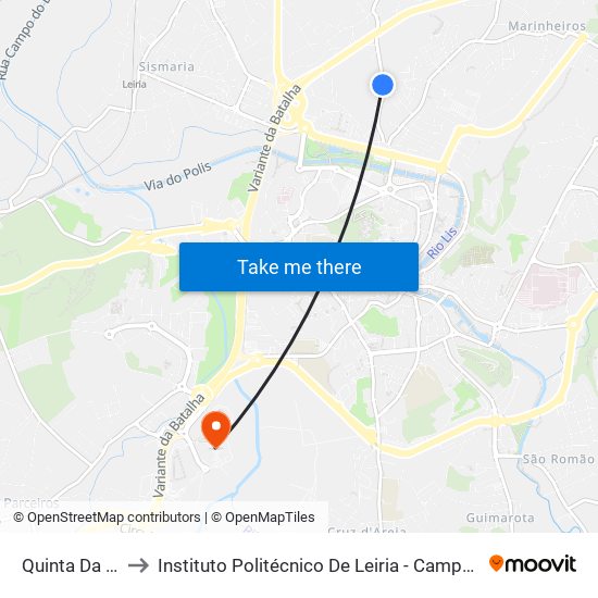 Quinta Da Matinha to Instituto Politécnico De Leiria - Campus 2 Estg / Esslei / Ued map