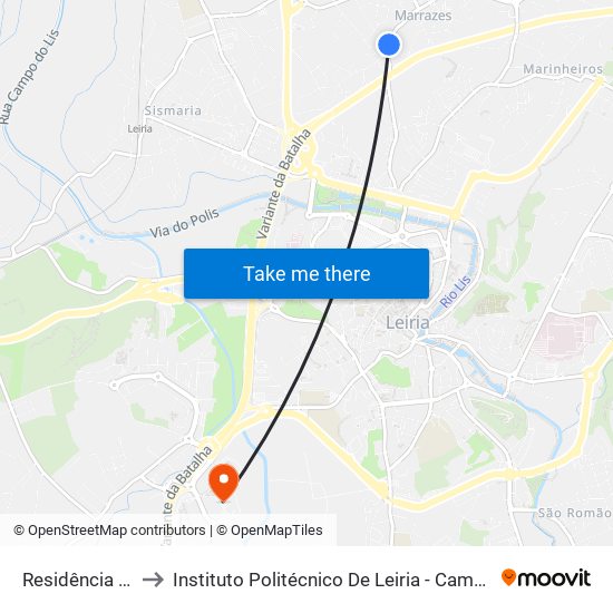 Residência Paroquial to Instituto Politécnico De Leiria - Campus 2 Estg / Esslei / Ued map