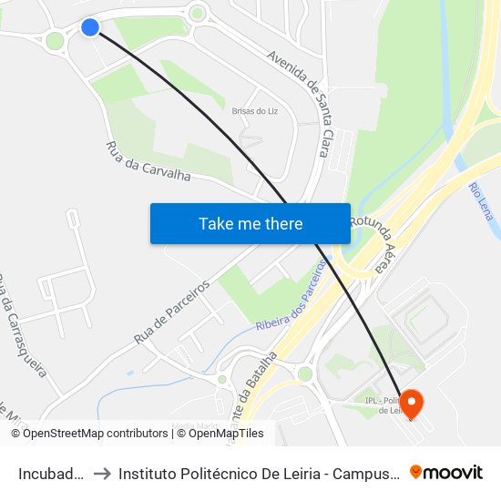 Incubadora Ipl to Instituto Politécnico De Leiria - Campus 2 Estg / Esslei / Ued map