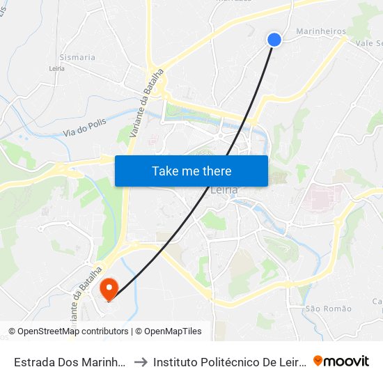 Estrada Dos Marinheiros / Travessa Oliveiras to Instituto Politécnico De Leiria - Campus 2 Estg / Esslei / Ued map