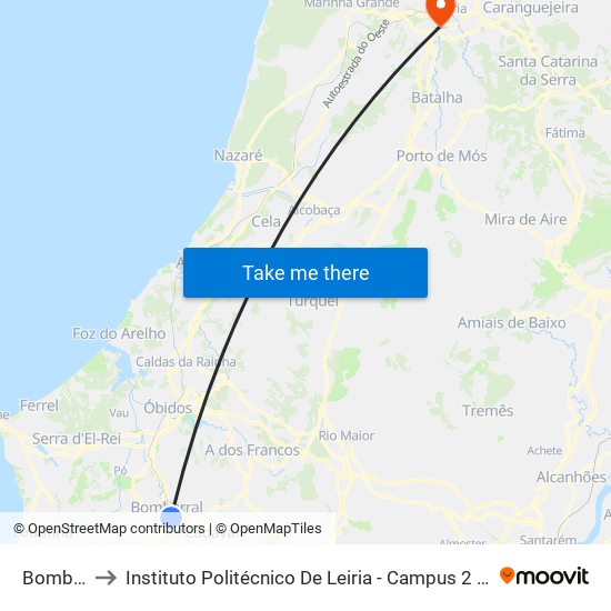 Bombarral to Instituto Politécnico De Leiria - Campus 2 Estg / Esslei / Ued map