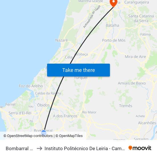 Bombarral (Terminal) to Instituto Politécnico De Leiria - Campus 2 Estg / Esslei / Ued map