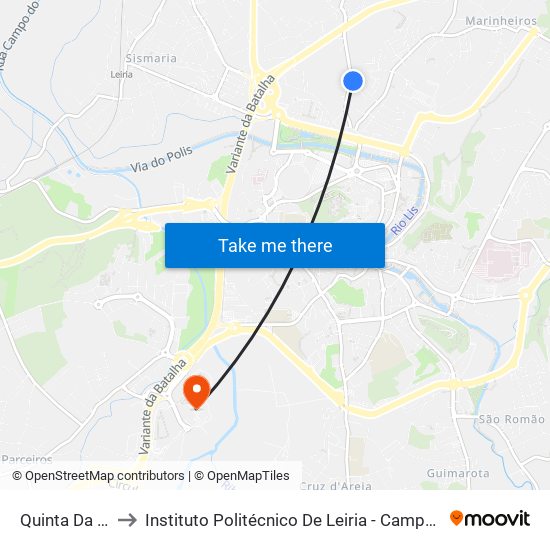 Quinta Da Matinha to Instituto Politécnico De Leiria - Campus 2 Estg / Esslei / Ued map