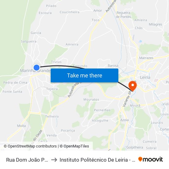 Rua Dom João Pereira Venâncio 2 to Instituto Politécnico De Leiria - Campus 2 Estg / Esslei / Ued map