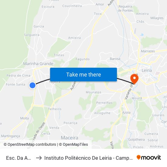Esc. Da Amieirinha to Instituto Politécnico De Leiria - Campus 2 Estg / Esslei / Ued map
