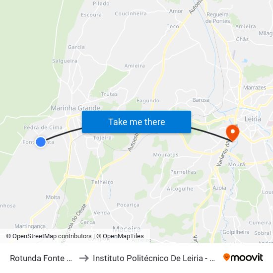 Rotunda Fonte Santa/Camarnal to Instituto Politécnico De Leiria - Campus 2 Estg / Esslei / Ued map