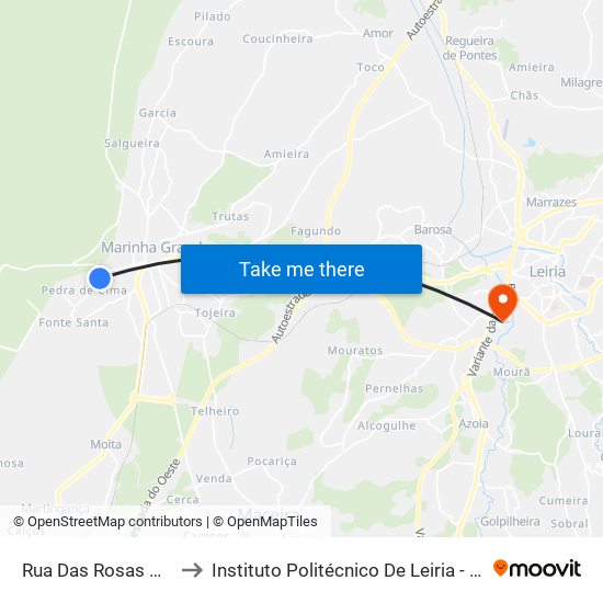 Rua Das Rosas Da Pedra De Cima to Instituto Politécnico De Leiria - Campus 2 Estg / Esslei / Ued map