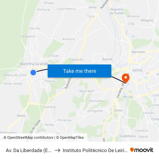 Av. Da Liberdade (Esc. Guilherme Stephens) to Instituto Politécnico De Leiria - Campus 2 Estg / Esslei / Ued map