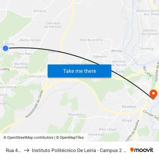 Rua 42 - 2 to Instituto Politécnico De Leiria - Campus 2 Estg / Esslei / Ued map