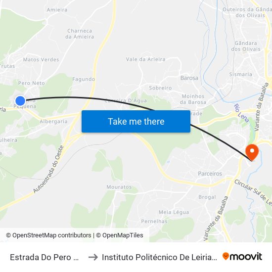 Estrada Do Pero Neto (Área Industrial) to Instituto Politécnico De Leiria - Campus 2 Estg / Esslei / Ued map