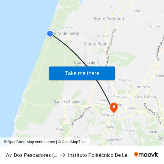 Av. dos Pescadores (Posto de Turismo da Praia) to Instituto Politécnico De Leiria - Campus 2 Estg / Esslei / Ued map