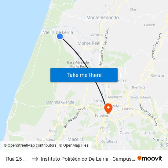 Rua 25 De Abril to Instituto Politécnico De Leiria - Campus 2 Estg / Esslei / Ued map