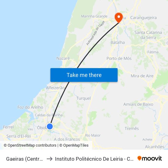 Gaeiras (Centro De Convívio) to Instituto Politécnico De Leiria - Campus 2 Estg / Esslei / Ued map