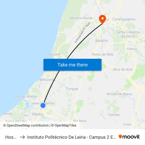 Hospital to Instituto Politécnico De Leiria - Campus 2 Estg / Esslei / Ued map