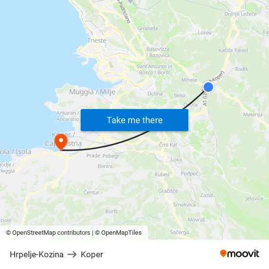 Hrpelje-Kozina to Koper map