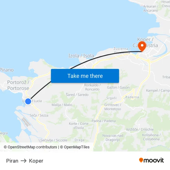 Piran to Koper map