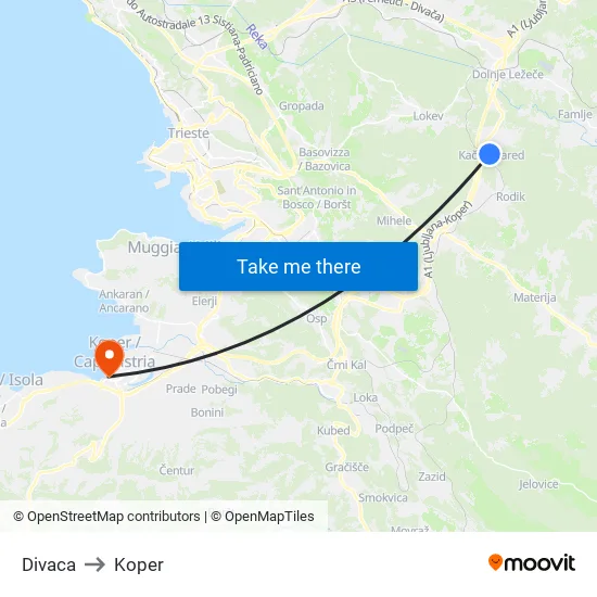 Divaca to Koper map
