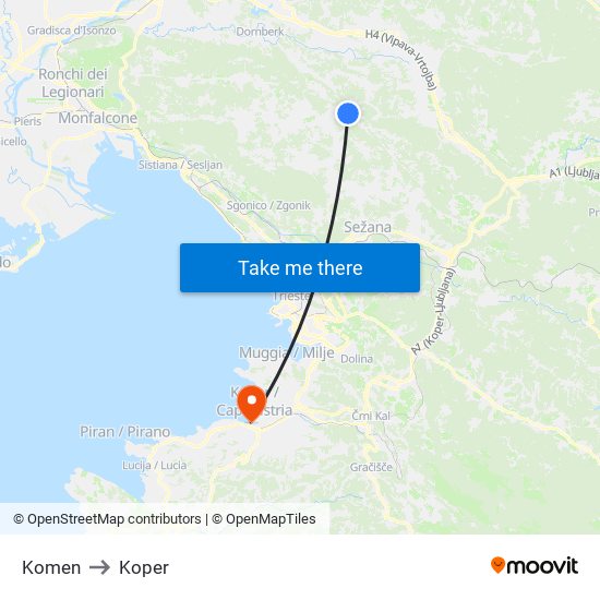 Komen to Koper map