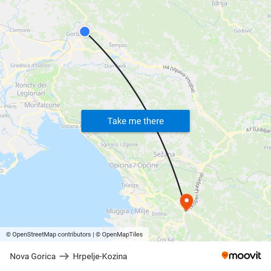 Nova Gorica to Hrpelje-Kozina map