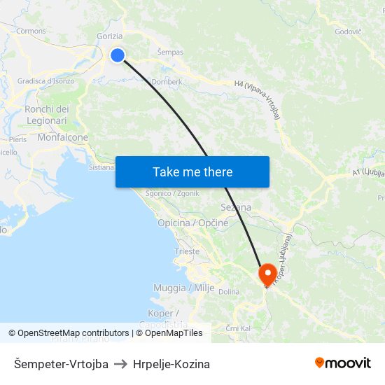 Šempeter-Vrtojba to Hrpelje-Kozina map