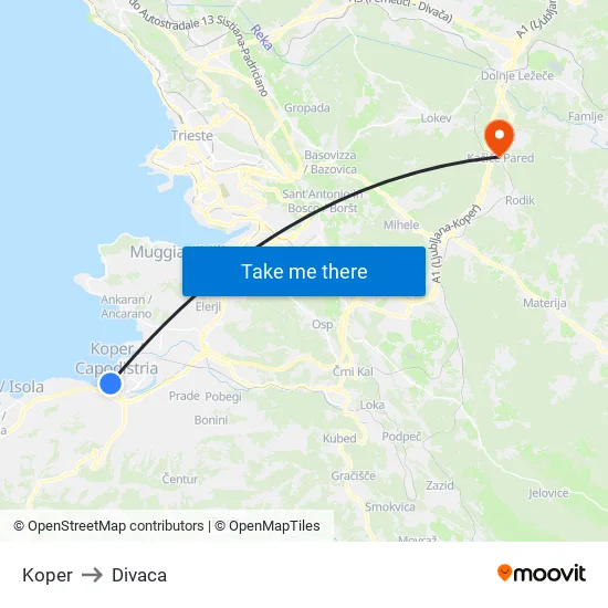 Koper to Divaca map