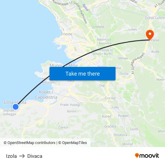 Izola to Divaca map