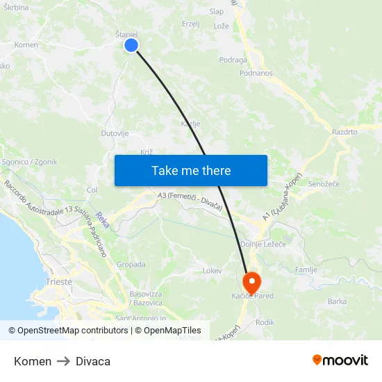 Komen to Divaca map