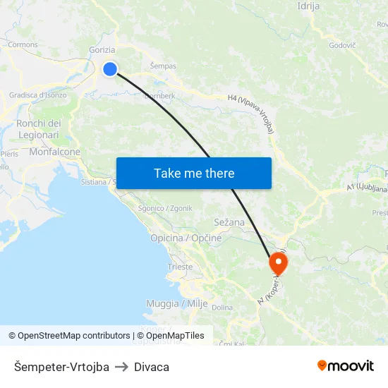 Šempeter-Vrtojba to Divaca map