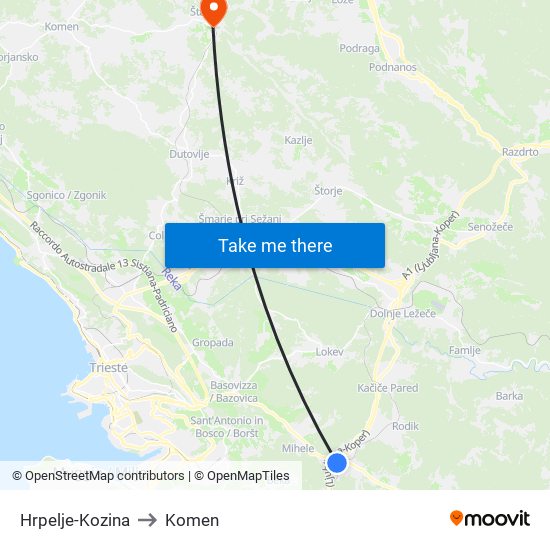 Hrpelje-Kozina to Komen map