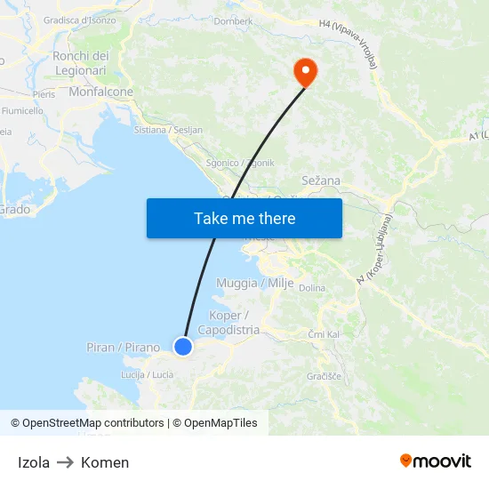 Izola to Komen map