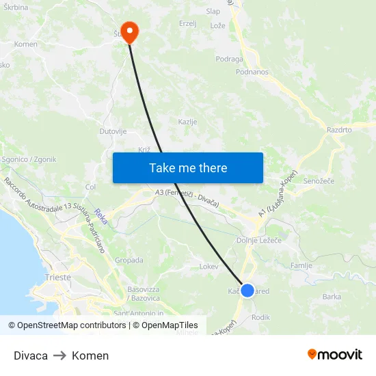 Divaca to Komen map