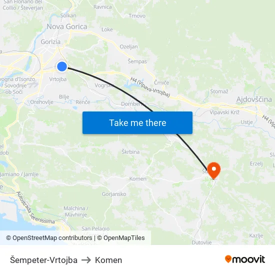 Šempeter-Vrtojba to Komen map