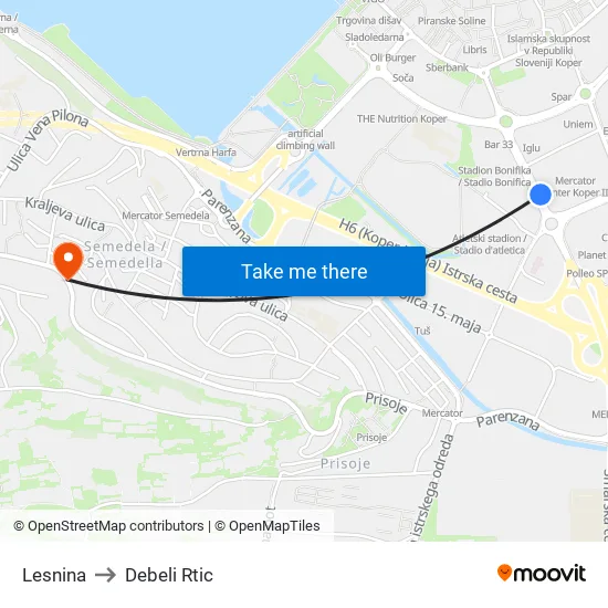 Lesnina to Debeli Rtic map
