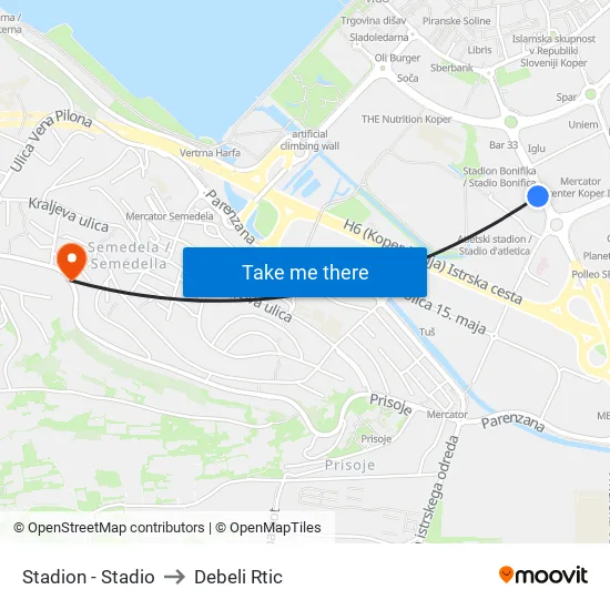 Stadion - Stadio to Debeli Rtic map